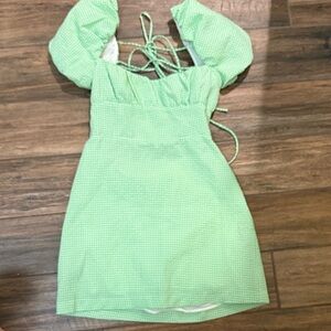 Zara White and Green Gingham Puff Sleeve  Open Back Dress